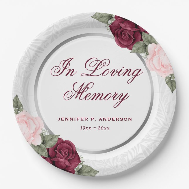 Elegant Red Pink Floral Memorial Funeral Paper Plate (Front)