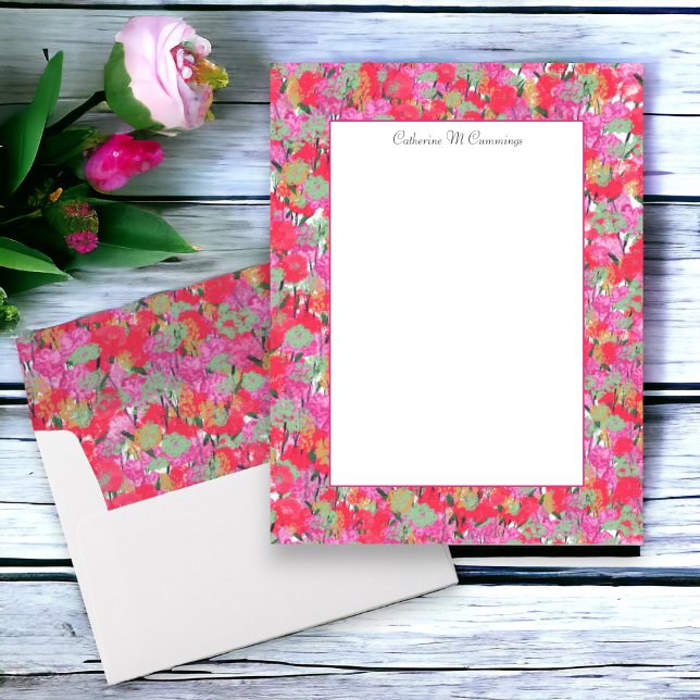 Elegant Red Pink Floral Personalised Paper Sheet (Coordinating custom stationery with matching lined envelopes)