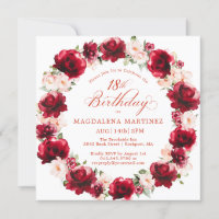 Elegant Red Pink Floral Wreath 18th Birthday