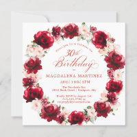 Elegant Red Pink Floral Wreath 30th Birthday
