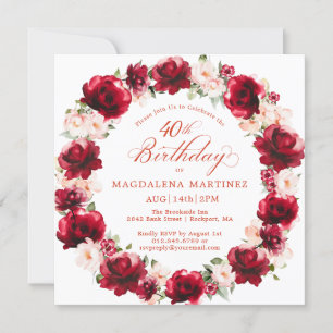 Elegant Red Pink Floral Wreath 40th Birthday Invitation