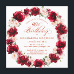 Elegant Red Pink Floral Wreath 90th Birthday Invitation<br><div class="desc">Beautiful watercolor red roses and pink peonies create an elegant wreath to decorate this 90th birthday invitation. The calligraphy adds a special touch. This birthday invitation is available in both traditional cardstock and a downloadable version. It is part of the Red Rose and Pink Peony collection. It lets you choose...</div>