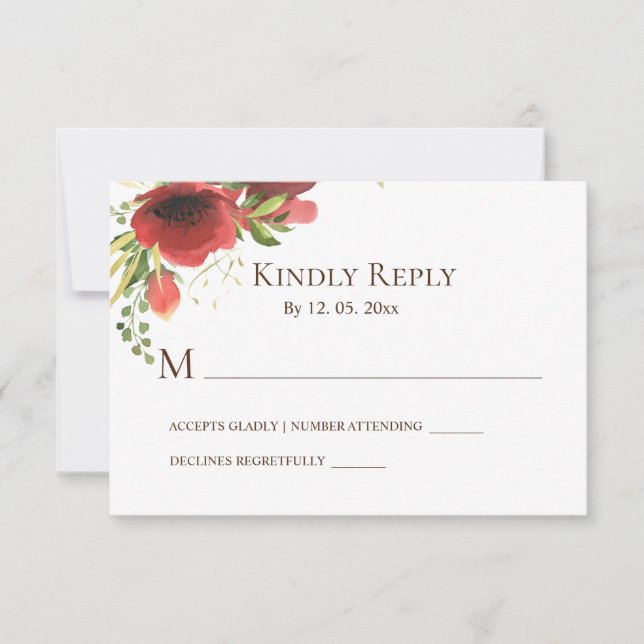 Elegant Red Pink Flowers Greenery Floral RSVP Card (Front)