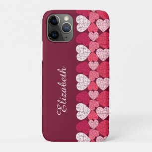 Elegant Red Pink Jigsaw Puzzle Heart Pattern Name iPhone 11 Pro Case