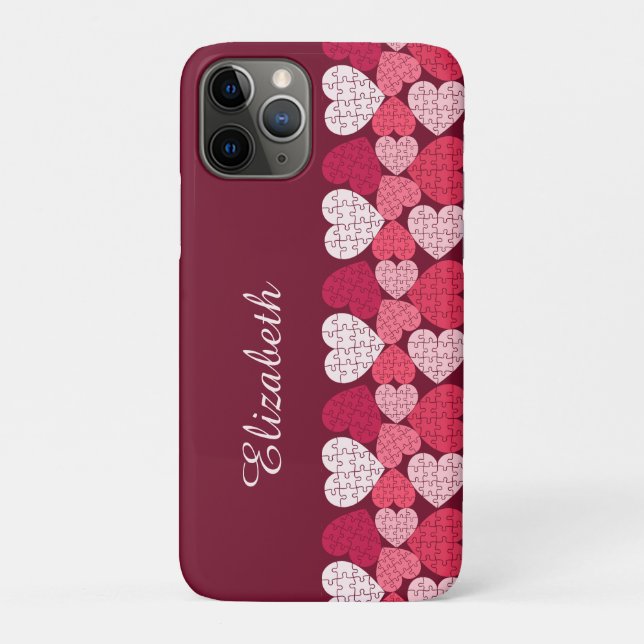 Elegant Red Pink Jigsaw Puzzle Heart Pattern Name Case-Mate iPhone Case (Back)