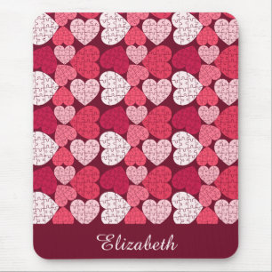 Elegant Red Pink Jigsaw Puzzle Heart Pattern Name Mouse Pad