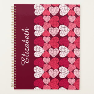 Elegant Red Pink Jigsaw Puzzle Heart Pattern Name Planner