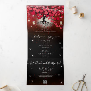 Elegant Red Pink on Black  Heart Leaf Wedding Tri-Fold Invitation