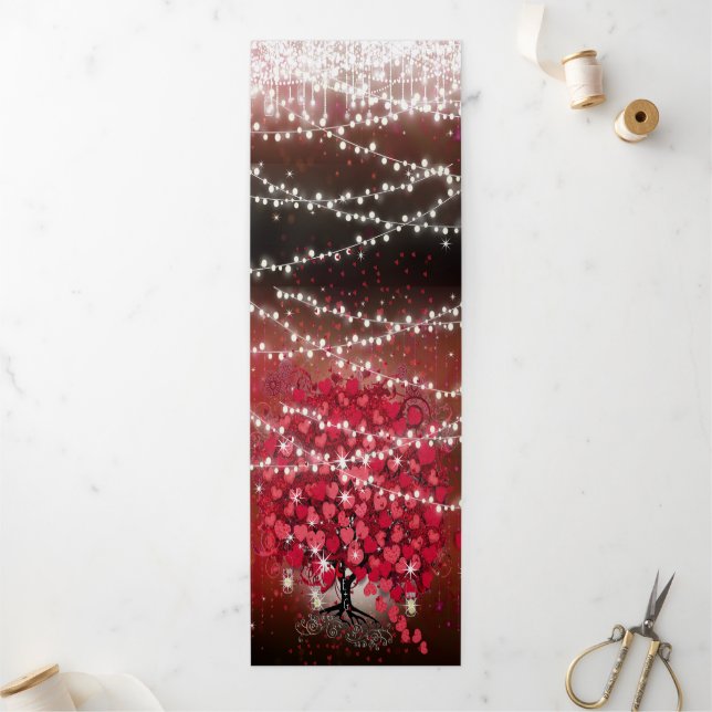 Elegant Red Pink on Black  Heart Leaf Wedding Tri-Fold Invitation (Outside)