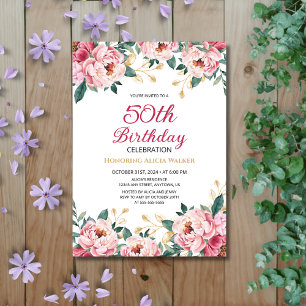 Elegant Red Pink Peony Floral Gold Leaf Birthday Invitation