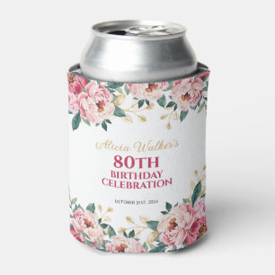 Elegant Red Pink Peony Flower Gold Leaf Birthday Can Cooler