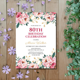 Elegant Red Pink Peony Flower Gold Leaf Birthday  Invitation