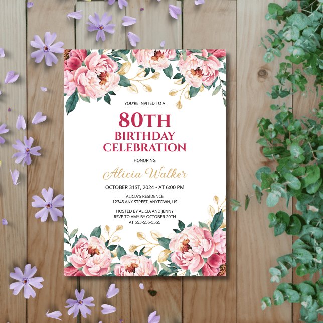 Elegant Red Pink Peony Flower Gold Leaf Birthday  Invitation (Creator Uploaded)