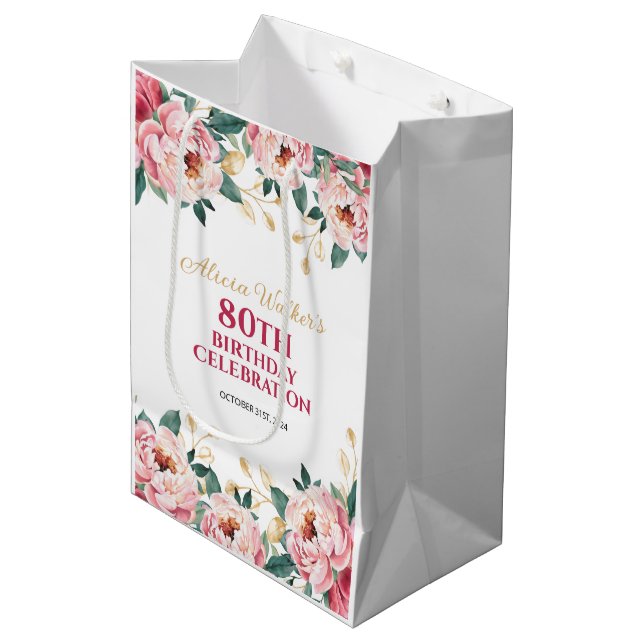 Elegant Red Pink Peony Flower Gold Leaf Birthday  Medium Gift Bag (Front Angled)