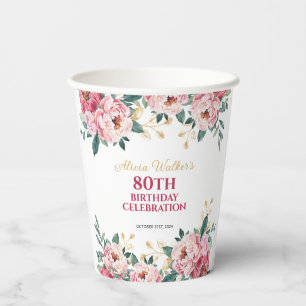 Elegant Red Pink Peony Flower Gold Leaf Birthday Paper Cups