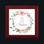 Elegant Red Pink Rose Floral Frame Monogram Gift Box<br><div class="desc">Here's a beautiful gift box for her,  with a rose floral circle frame in soft red,  pink,  and green,  with touches of grey. At the centre is her monogram in matching red pink,  and her name in grey. Everything is placed on a white background.</div>