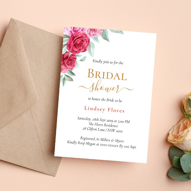 Elegant Red Pink Rose Floral Gold Bridal Shower Invitation (Creator Uploaded)