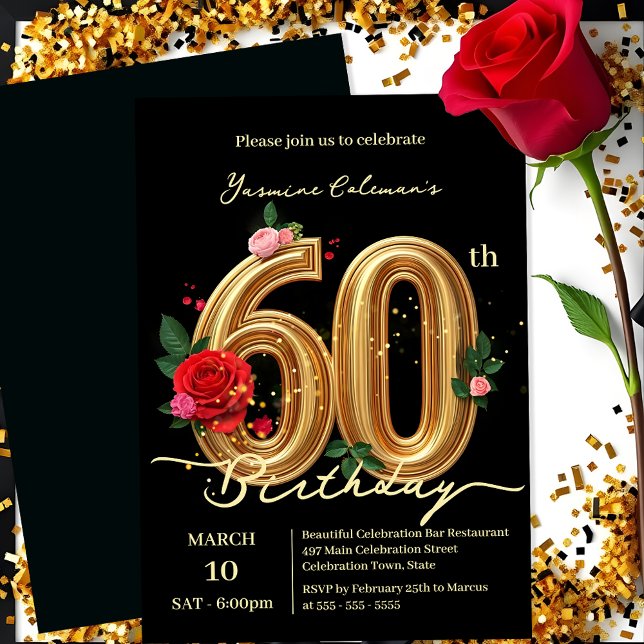 Elegant Red Pink Roses & Gold Number 60th Birthday Invitation (Creator Uploaded)