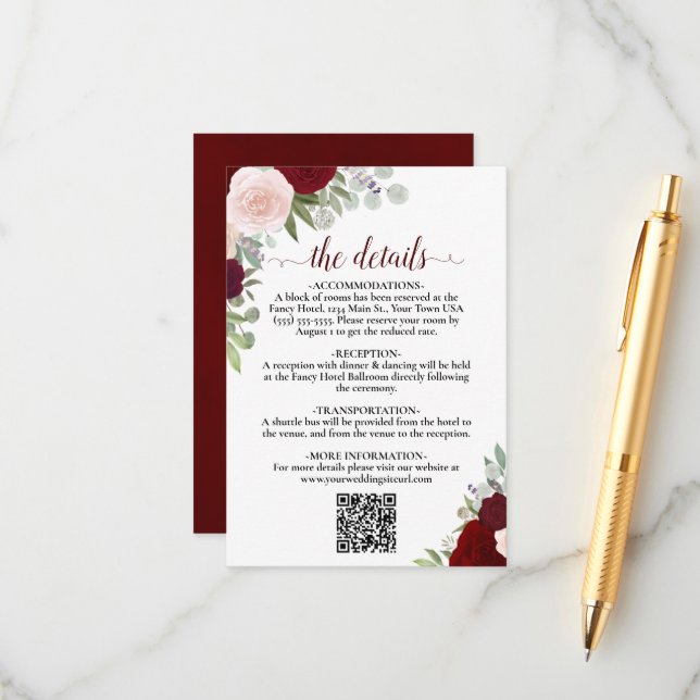 Elegant Red & Pink Roses Wedding Details QR Code Enclosure Card (Front/Back In Situ)