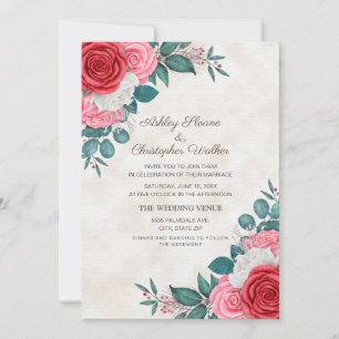 Elegant Red Pink Roses Wedding Invitation