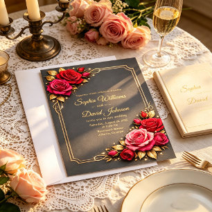 Elegant Red & Pink Roses Wedding Invitation Back
