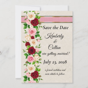 Elegant Red & Pink Roses with Gold Wedding Invitation