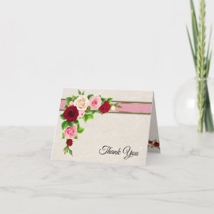 Elegant Red & Pink Roses with Gold Wedding  Thank You Card