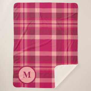 Elegant Red Pink Tartan Pattern Monogram Sherpa Blanket