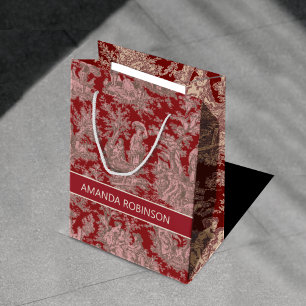 Elegant Red Pink Vintage French Toile de Jouy Medium Gift Bag
