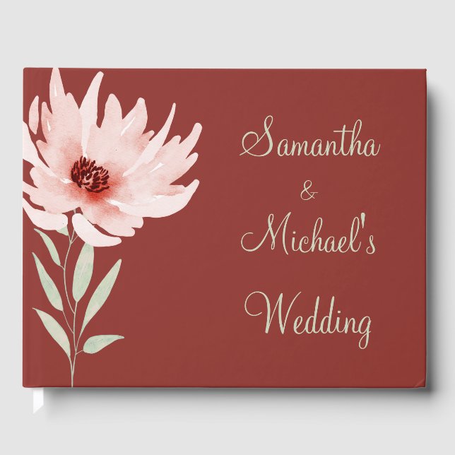 Elegant Red Pink Watercolor Floral Wedding  Guest Book (Front)