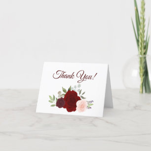 Elegant Red & Pink Watercolor Roses Wedding Photo Thank You Card