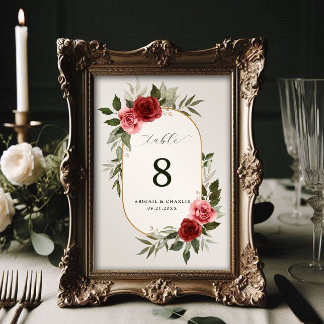Elegant Red Pink Watercolor Roses Wedding Table Number (Creator Uploaded)