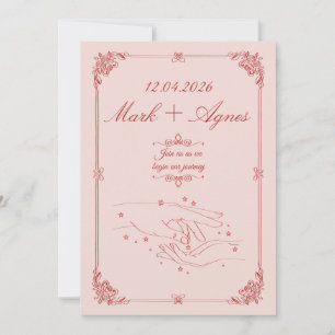 Elegant Red Pink Wedding Hands Line Art Invitation