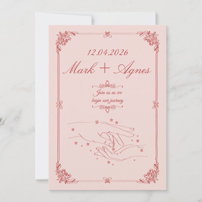 Elegant Red Pink Wedding Hands Line Art Invitation (Front)