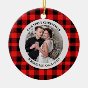 Elegant Red Plaid First Christmas Couple photo Ceramic Ornament