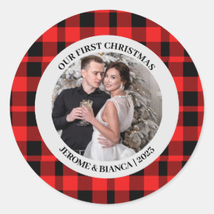 Elegant Red Plaid First Christmas Couple photo Classic Round Sticker
