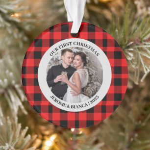 Elegant Red Plaid First Christmas Couple photo Ornament