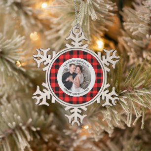 Elegant Red Plaid First Christmas Couple photo Snowflake Pewter Christmas Ornament