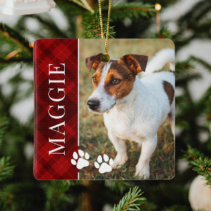 Elegant Red Plaid Pet Name and Photo Ceramic Ornament