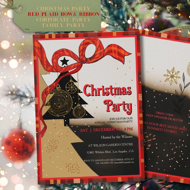 Elegant Red Plaid Ribbon Christmas Party  Invitation (Elegant Red Plaid Ribbon Christmas Party Invitation)