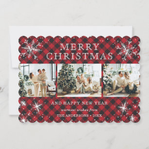 Elegant Red Plaid Sparkly Snowflake Photo Collage Holiday Card