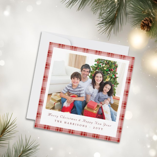 Elegant Red Plaid Square Christmas Photo Card (Elegant Red Plaid Square Christmas Photo Card )