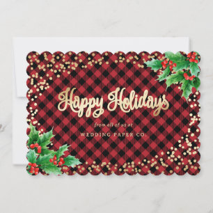 Elegant Red Plaid Watercolor Holly Business Holiday Card