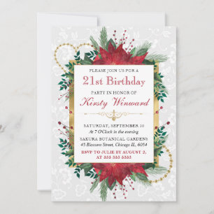 Elegant Red Poinsettia 21st Birthday Invitation