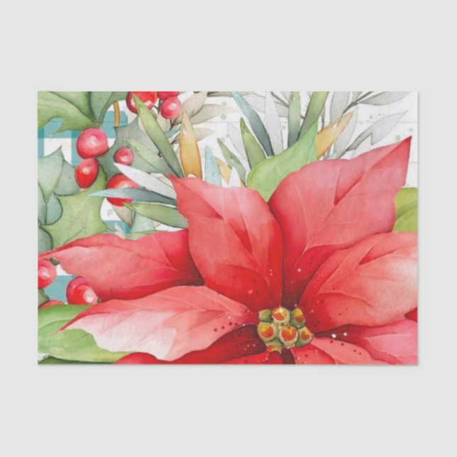 Elegant Red Poinsettia And Berries Tissue Paper (Front)