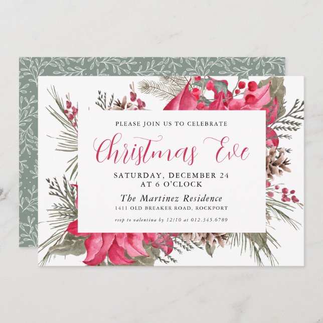 Elegant Red Poinsettia Botanical Christmas Eve Invitation (Front/Back)