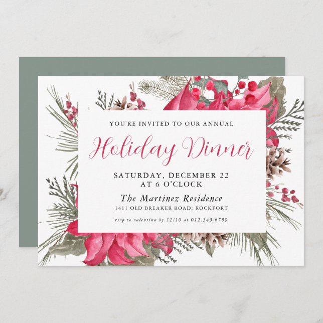 Elegant Red Poinsettia Botanical Christmas Eve Invitation (Front/Back)