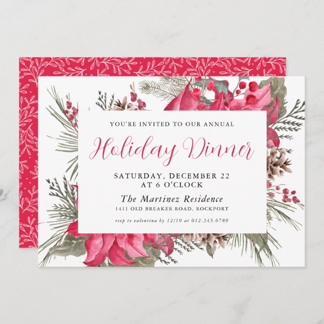 Elegant Red Poinsettia Botanical Christmas Eve Invitation (Front/Back)