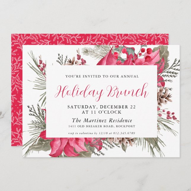 Elegant Red Poinsettia Botanical Holiday Brunch  Invitation (Front/Back)