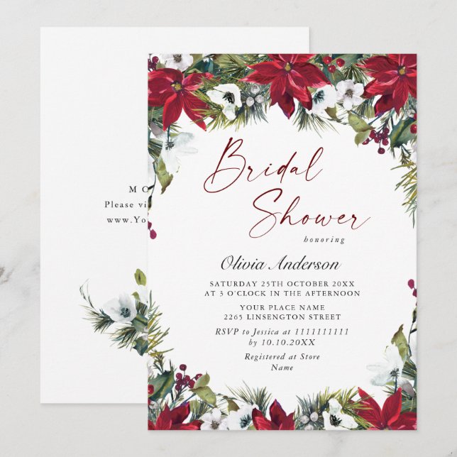 Elegant Red Poinsettia Christmas BRIDAL SHOWER Invitation (Front/Back)
